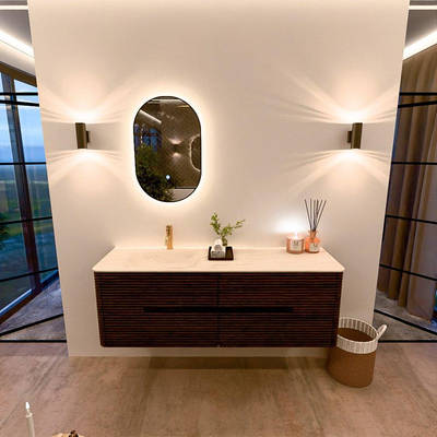 Mondiaz CIRO-DLUX Meuble de salle de bains - 150x45x50cm - Plan-vasque solid surface Meli - 1 vasque à gauche - 1 trou de robinet - 4 tiroirs - Noyer