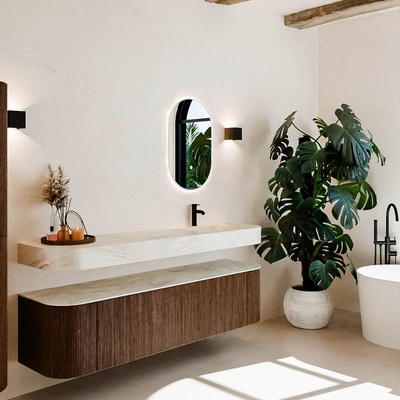 MONDIAZ THOR-DLUX 180cm meuble de salle de bains arrondi gauche + droite couleur Walnut avec 2 tiroirs et 2 portes. Vasque suspendue CLOUD Droite 1 trou de robinet couleur Ostra.