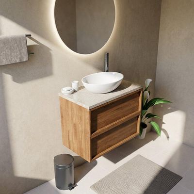 Saniclass Holz Frame Ensemble meuble de salle de bains - 80x45x63cm - Plan en pierre naturelle travertin - 1 trou de robinetterie - 2 tiroirs - chêne naturel mat (bois)