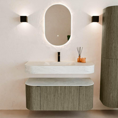 MONDIAZ THOR-DLUX Meuble de salle de bains 110cm arrondi gauche + droite couleur Shadow avec 1 tiroir et 2 portes. Vasque suspendue CLOUD Milieu 1 trou de robinet couleur Opalo.