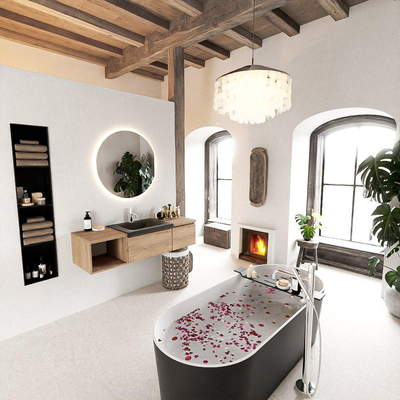MONDIAZ BUKLA meuble de salle de bain 140 cm avec module ouvert 40 à gauche couleur Chêne blanchi avec 2 tiroirs. Lavabo CLOUD centre 1 trou de robinet couleur Urban.