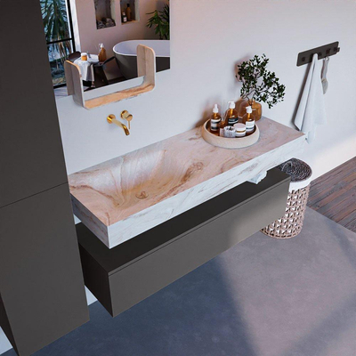 Mondiaz ALAN-DLUX Ensemble de meuble - 130cm - meuble Dark grey mat - 1 tiroir - Lavabo Cloud Frappe suspendu - vasque Gauche - 0 trous de robinet