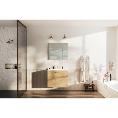 Go by Van Marcke ensemble meuble de salle de bains - 80x65x45.5cm - 2 tiroirs - avec poignées - 1 lavabo blanc mat - 1 trou de robinet - avec miroir - MDF chêne riverside