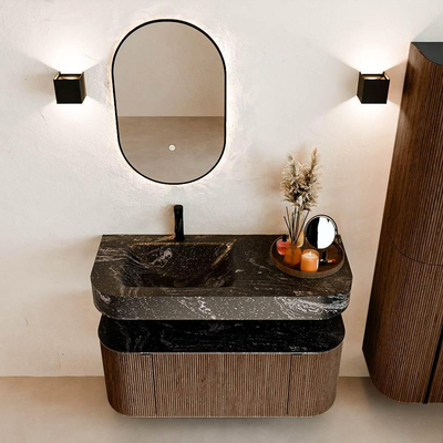 MONDIAZ THOR-DLUX 110cm meuble de salle de bains arrondi gauche + droite couleur Walnut avec 1 tiroir et 2 portes. Vasque suspendue CLOUD gauche 1 trou de robinet couleur Lava.