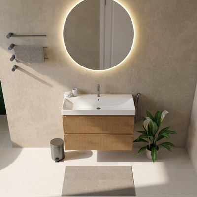 Saniclass Holz Atelier Ensemble meuble de salle de bains - 100x45x67.5cm - lavabo Wave en céramique - 1 vasque - 1 trou de robinetterie - 2 tiroirs - chêne naturel mat (bois)