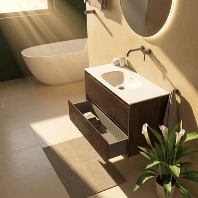 Saniclass Holz Atelier Ensemble meuble de salle de bains - 100x45x61.5cm - lavabo Flow en solid surface blanc - 1 vasque - sans trou de robinet - 2 tiroirs - chêne charcoal mat (bois)