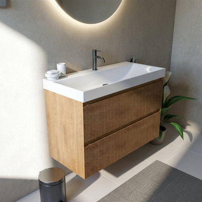 Saniclass Holz Atelier Ensemble meuble de salle de bains - 100x45x67.5cm - lavabo Wave en céramique - 1 vasque - 1 trou de robinetterie - 2 tiroirs - chêne naturel mat (bois)