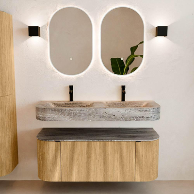 MONDIAZ THOR-DLUX 120cm badmeubel ronding links + rechts kleur Oak met 1 lade en 2 deuren. Vrijhangende wastafel CLOUD Dubbel 2 kraangaten kleur Oza.