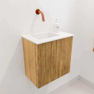 Mondiaz JOYA 40cm toiletmeubel - kleur Oak - Wastafel FAYE positie Links Zonder kraangat kleur Talc.