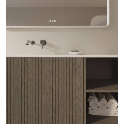 Thebalux Linea Ensemble de meubles de salle de bains - 120x55x46cm - 1 tiroir - sans poignée - Façade rainurée verticale - lavabo Corian - gauche - sans trou de robinetterie - Placage Natural