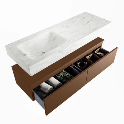 Mondiaz ALAN-DLUX Ensemble de meuble - 130cm - meuble Rust mat - 2 tiroirs - Lavabo Cloud Opalo suspendu - vasque Gauche - 0 trous de robinet