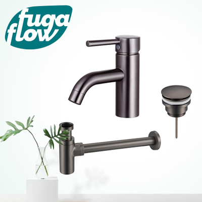 FugaFlow Eccelente Sobrado Badkamer Wastafelkraanset - lage wastafelkraan - klikwaste plug - design sifon - PVD Gepolijst Gunmetal