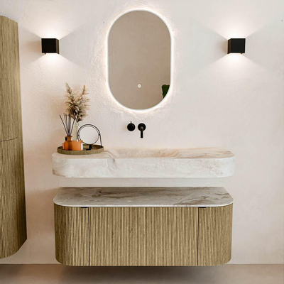 MONDIAZ THOR-DLUX 120cm badmeubel ronding links + rechts kleur Dusk met 1 lade en 2 deuren. Vrijhangende wastafel CLOUD Midden zonder kraangat kleur Frappe.