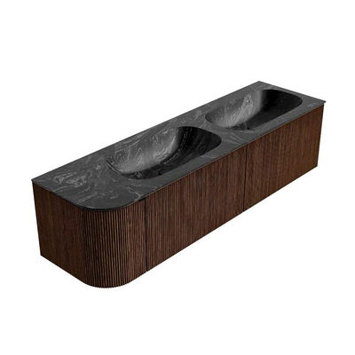 MONDIAZ KURVE-DLUX 165cm badmeubel met module 25 L kleur Walnut met 2 lades en 1 deur. Wastafel STOR SMALL dubbel / rechts 2 kraangaten kleur Lava.
