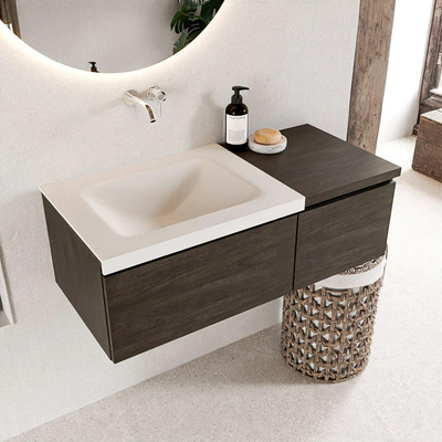 MONDIAZ BUKLA 100cm badmeubel met module 40 kleur Dark Brown met 2 lades. Wastafel CLOUD links 0 kraangaten kleur Talc.