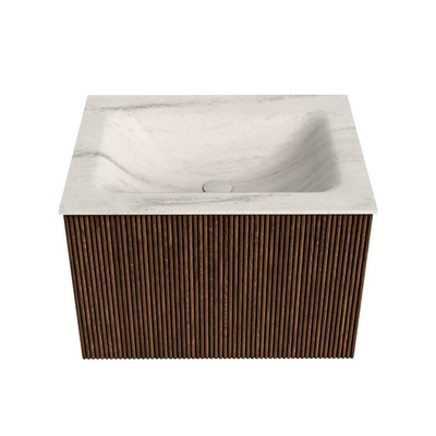 MONDIAZ KURVE-DLUX 60cm badmeubel kleur Walnut met 1 lade en 0 deuren. Wastafel CLOUD Midden 1 kraangat Meli.