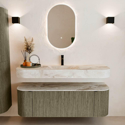 MONDIAZ THOR-DLUX 140cm meuble de salle de bains arrondi gauche + droite couleur Shadow avec 1 tiroir et 2 portes. Vasque suspendue CLOUD Milieu 1 trou de robinet couleur Frappe.