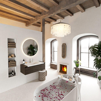 Mondiaz BUKLA Ensemble de meuble - 100x45x34cm - 1 trou de robinet - lavabo centré - solid surface - Talc - sans poignée - 1 tiroir - Mélamine - Marron foncé