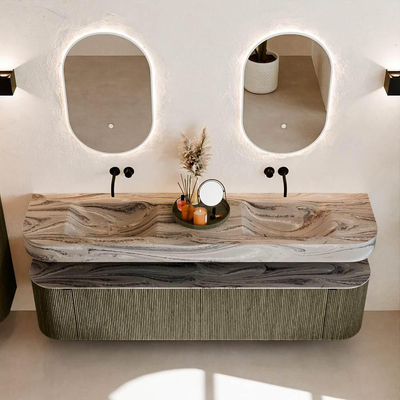 MONDIAZ THOR-DLUX Meuble de salle de bains - 190cm - arrondi gauche + droite - couleur Shadow - 2 tiroirs et 2 portes - Vasque suspendue CLOUD Double sans trou de robinet - couleur Sombra