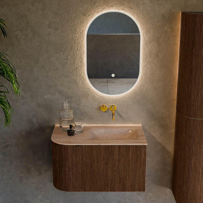 MONDIAZ KURVE-DLUX meuble de salle de bains 75 cm courbure Gauche couleur noyer avec 1 tiroir et 1 porte. Lavabo GRUNNE Droit sans trou de robinet Saba.