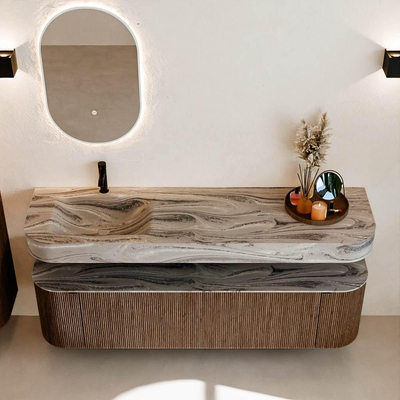 MONDIAZ THOR-DLUX 170cm badmeubel ronding links + rechts kleur Walnut met 1 lade en 2 deuren. Vrijhangende wastafel CLOUD Links 1 kraangat kleur Sombra.