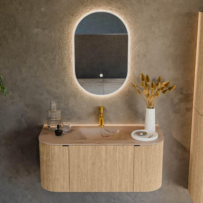 MONDIAZ KURVE-DLUX Meuble de salle de bains 100cm arrondi Gauche + Droite couleur Chêne avec 1 tiroir et 2 portes. Lavabo GRUNNE Central 1 trou de robinet Arena.