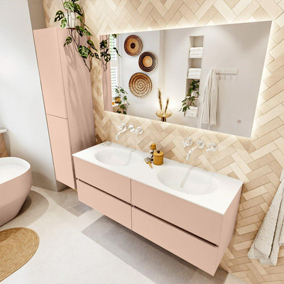 Mondiaz VICA ensemble de meuble de salle de bain - 140cm - meuble sous-vasque rosee - 4 tiroirs - lavabo moon double - sans trous de robinet - version haute de 60cm - talc