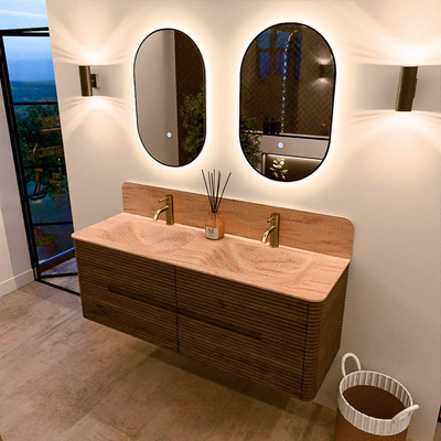 Mondiaz CIRO-DLUX Ensemble de meubles de salle de bains - 140x45x50cm - Plan vasque solid surface Saba - 2 bassins Double - 2 trous de robinetterie - 4 tiroirs - Dusk