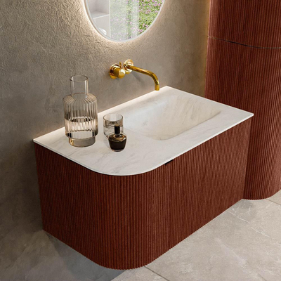 Ensemble de meuble de salle de bain Mondiaz KURVE-DLUX - 75x46x40cm - 1 tiroir - 1 porte - lavabo en solid surface - droite - sans trou de robinet - Ruby