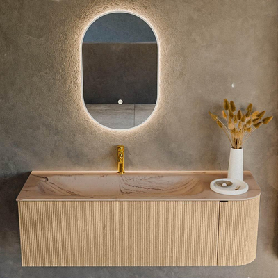 MONDIAZ KURVE-DLUX Meuble de salle de bains 135 cm arrondi à droite couleur Oak avec 1 tiroir et 1 porte. Lavabo BIG MEDIUM à gauche 1 trou de robinet Arena.