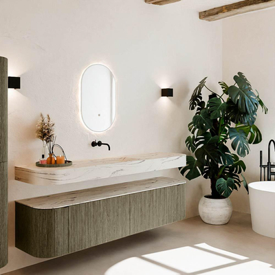 MONDIAZ THOR-DLUX 190cm meuble de salle de bains arrondi gauche + droite couleur Shadow avec 2 tiroirs et 2 portes. Vasque suspendue CLOUD Milieu sans trou de robinet couleur Nata.