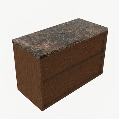 Saniclass Holz Frame Ensemble de meubles de salle de bains - 100x45x63cm - Plan de toilette en pierre naturelle Noche dark emperador - 1 trou de robinetterie - 2 tiroirs - walnut pure mat (bois)