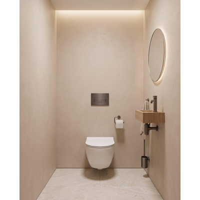 QeramiQ Dely Swirl Compact Toiletset - inbouwreservoir Geberit UP320 - met Burda frame - slim zitting - metalen bedieningsplaat gunmetal - rechthoekige knoppen - glans wit