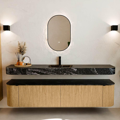 MONDIAZ THOR-DLUX Meuble de salle de bains - 200cm - arrondi gauche + droite - couleur Oak - 2 tiroirs - 2 portes - Vasque suspendue CLOUD Milieu 1 trou de robinet - couleur Lava