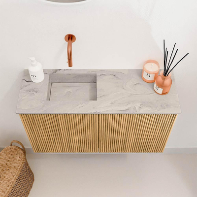 Mondiaz JOYA-DLUX 70cm toiletmeubel - kleur Oak - Wastafel FAYE positie Links Zonder kraangat kleur Glace.