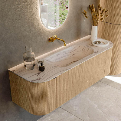 MONDIAZ KURVE-DLUX Meuble de salle de bains 140cm arrondi Gauche + Droite couleur Chêne avec 1 tiroir et 2 portes. Lavabo BIG SMALL Central sans trou de robinet Nata.