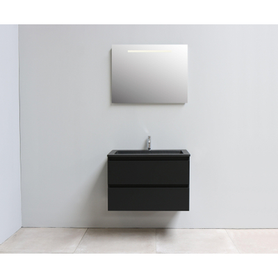 Basic Bella Meuble salle de bains avec lavabo acrylique Noir 80x55x46cm 1 trou de robinet avec miroir et éclairage Noir mat