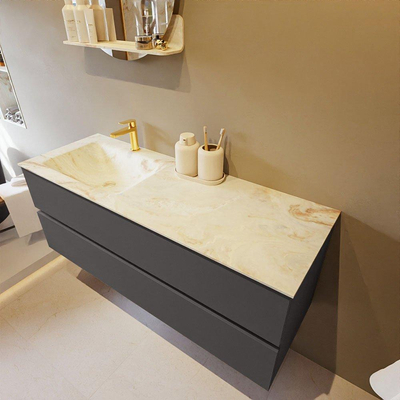 Mondiaz VICA-DLUX Ensemble de meuble de salle de bain - 130cm - meuble sous-vasque gris foncé - 2 tiroirs - lavabo encastré cloud gauche - 1 trou de robinet - version haute de 60cm - frape