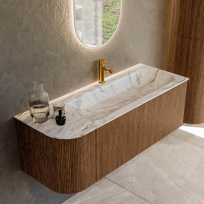 MONDIAZ KURVE-DLUX 125cm Meuble salle de bain avec module 25 G - couleur Walnut - 1 tiroir - 1 porte - vasque BIG MEDIUM droite - 1 trou de robinet - couleur Glace