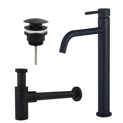 FugaFlow Eccelente Sobrado Slim Slim Kit mitigeur lavabo - robinet rehaussé - bonde clic clac - siphon design - Noir mat