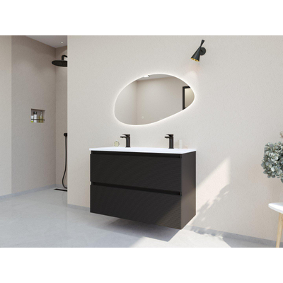 HR badmeubelen Infinity XXL 3D Ensemble meuble de salle de bains - 100 cm - 1 lavabo en céramique thin blanc mat - 2 trous de robinet - 2 tiroirs - noir mat