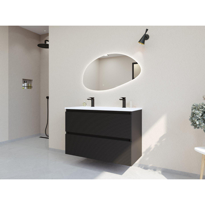 HR Infinity XXL ensemble de meubles de salle de bain 3d 100 cm 1 lavabo en céramique fin blanc mat 2 trous de robinet 2 tiroirs noir mat