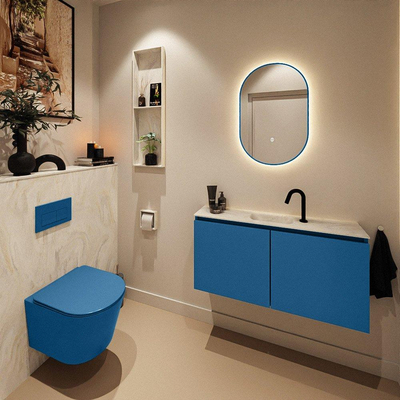 MONDIAZ TURE-DLUX Meuble toilette - 100cm - Jeans - EDEN - vasque Ostra - position centrale - 1 trou de robinet