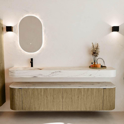 MONDIAZ THOR-DLUX Meuble de salle de bains 190cm arrondi gauche + droite couleur Dusk avec 2 tiroirs et 2 portes. Vasque suspendue CLOUD Gauche 1 trou de robinet couleur Nata.