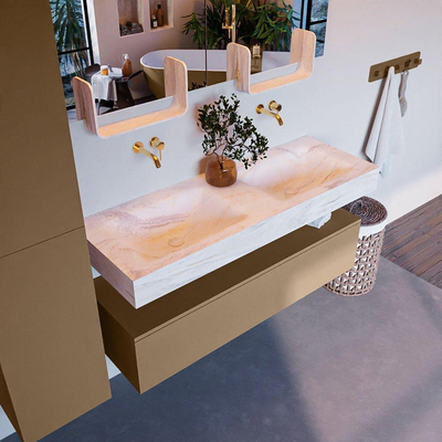 Mondiaz ALAN-DLUX Ensemble de meuble - 130cm - meuble Oro mat - 1 tiroir - Lavabo Cloud Ostra suspendu - vasque Gauche et droite - 0 trous de robinet