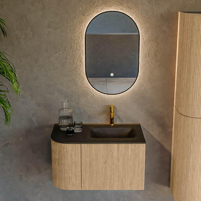 MONDIAZ KURVE 75cm Meuble salle de bain avec module 25 G - couleur Oak - 1 tiroir - 1 porte - vasque GRUNNE droite - 1 trou de robinet - Urban