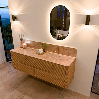 Mondiaz CIRO-DLUX Meuble de salle de bains - 160x45x50cm - Plan vasque solid surface Arena - 1 lavabo à droite - 1 trou de robinet - 4 tiroirs - Chêne