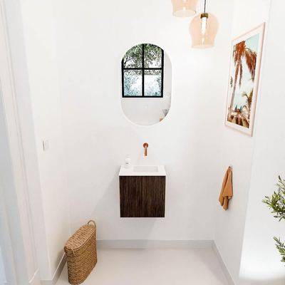 Mondiaz JOYA 40cm toiletmeubel - kleur Walnut - Wastafel FAYE positie Rechts Zonder kraangat kleur Talc.
