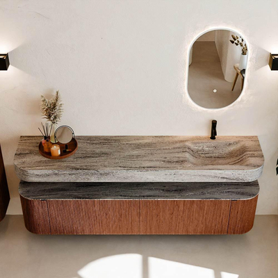 MONDIAZ THOR-DLUX 200cm meuble de salle de bains arrondi gauche + droite couleur Ruby avec 2 tiroirs et 2 portes. Vasque suspendue CLOUD Droite 1 trou de robinet couleur Oza.