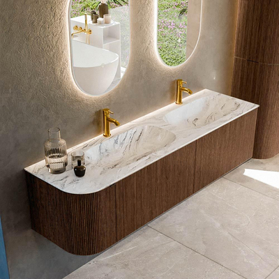 MONDIAZ KURVE-DLUX 165cm badmeubel met module 25 L kleur Walnut met 2 lades en 1 deur. Wastafel STOR SMALL dubbel / rechts 2 kraangaten kleur Glace.